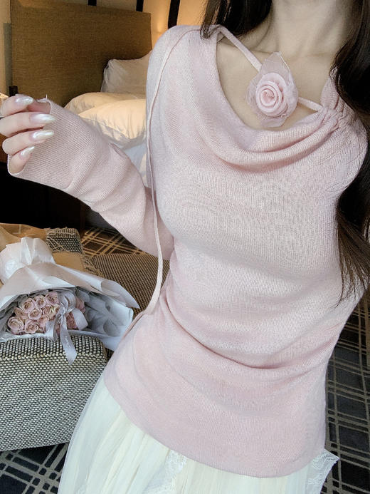 张心子【淡颜美女】荡领系绳立体花针织衫法式温柔上衣 U2602035 商品图11