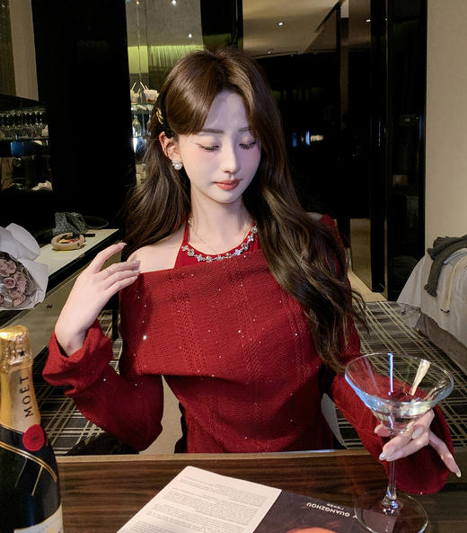 张心子【银河细闪】假两件挂脖系带荡领针织衫上衣 U2602002 商品图13