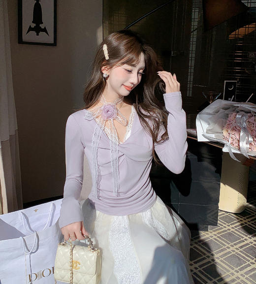 张心子【扭结T】纯欲风设计感上衣法式长袖一字肩 U2602003 商品图2