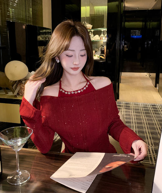 张心子【银河细闪】假两件挂脖系带荡领针织衫上衣 U2602002 商品图4