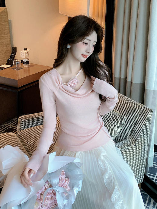 张心子【淡颜美女】荡领系绳立体花针织衫法式温柔上衣 U2602035 商品图13