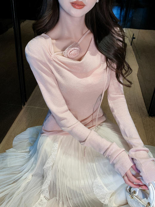 张心子【淡颜美女】荡领系绳立体花针织衫法式温柔上衣 U2602035 商品图12