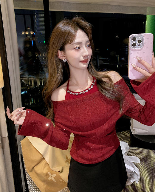 张心子【银河细闪】假两件挂脖系带荡领针织衫上衣 U2602002 商品图8