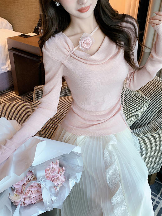 张心子【淡颜美女】荡领系绳立体花针织衫法式温柔上衣 U2602035 商品图5