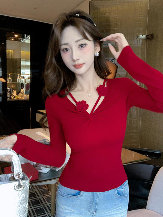 张心子【甜氧英区】别致扭结双绳上衣设计感修身T恤 U2602013 商品图10