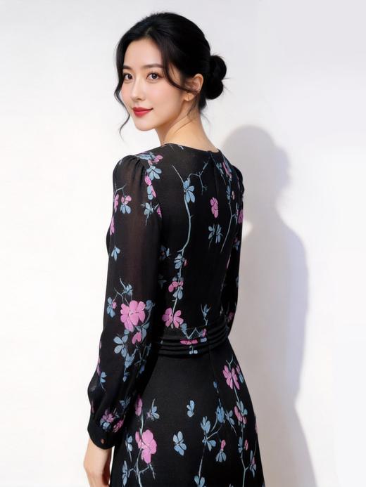 伯妮斯茵 | 复古浪漫 水墨花枝印花连衣裙 圆领泡泡袖 蕾丝花边下摆 气质宴会款  SZ3S27 商品图2