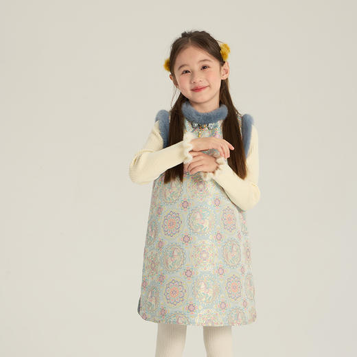 艾摩贝贝女童拜年服  2025冬款儿童新中式提花马甲加绒缎面国风背心套装 商品图11