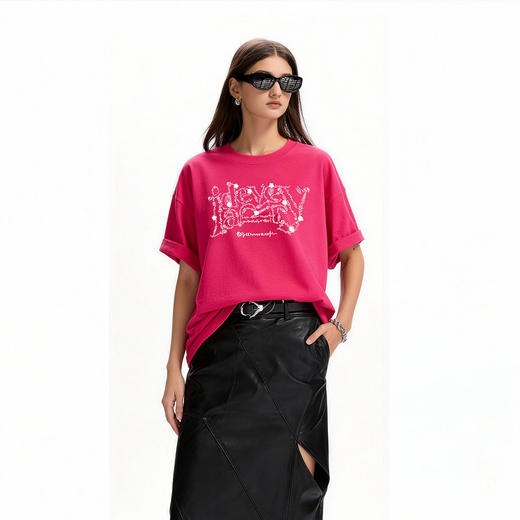 IDEVERRAY春季设计感女装纯棉字母T恤落肩袖宽松短袖圆领印花上衣 商品图0