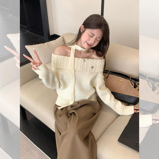 【温柔风一字肩毛衣】早春小个子甜美麻花针织衫上衣 露肩软糯宽松针织 商品图1