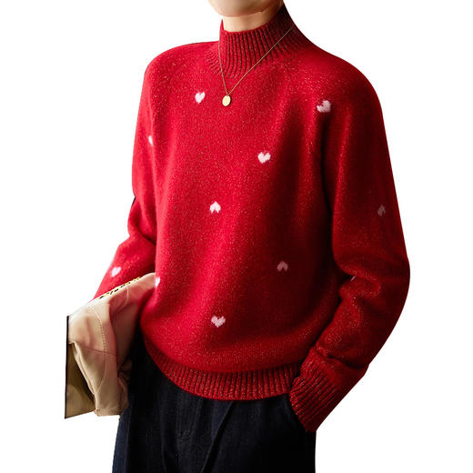 丁摩 100%纯羊毛衫女半高领法式慵懒风闪烁爱心打底针织衫BM-25011 商品图4