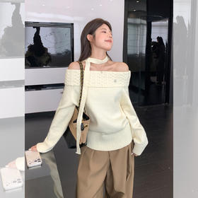 【温柔风一字肩毛衣】早春小个子甜美麻花针织衫上衣 露肩软糯宽松针织