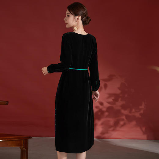 文艺复古V领真丝丝绒连衣裙，妈妈装秋冬长袖中长裙子SM-82497998 商品图3