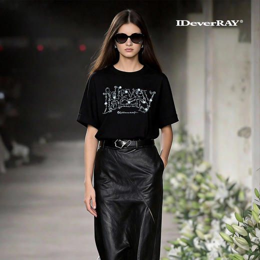 IDEVERRAY春季设计感女装纯棉字母T恤落肩袖宽松短袖圆领印花上衣 商品图1