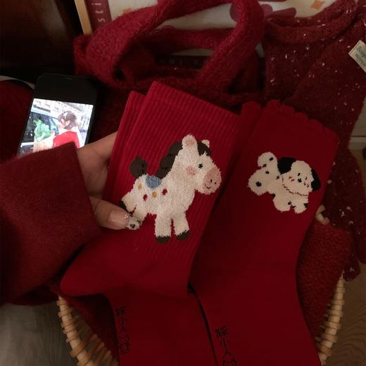 「4双装」福运本命年平安喜乐涤纶红袜子女秋冬季加厚保暖2026好运马年新年礼物配饰 商品图2