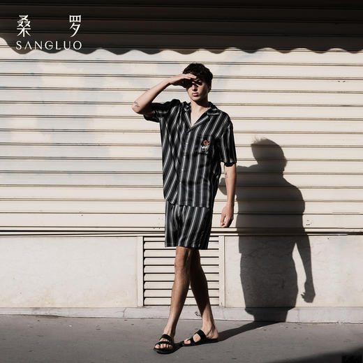 查理小狗』桑罗条纹短袖睡衣套装桑蚕丝男女同款家居服情侣无性别 商品图2