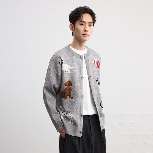 GXG男装秋季时尚复古卡通动物提花针织衫舒适保暖男式开襟毛衣K&C 商品图2