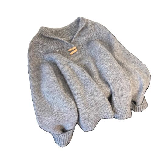 【慵懒风牛角扣毛衣】灰色翻领毛衣 早春装大码胖mm插肩袖正肩显瘦针织衫 商品图4