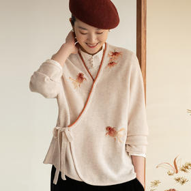 牧衣游原创 羊绒混织手工刺绣毛织外套软糯轻盈系带开衫 好时节