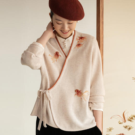 牧衣游原创 羊绒混织手工刺绣毛织外套软糯轻盈系带开衫 好时节 商品图0