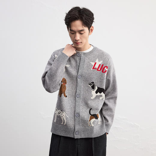 GXG男装秋季时尚复古卡通动物提花针织衫舒适保暖男式开襟毛衣K&C 商品图3