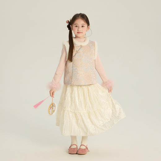 艾摩贝贝女童拜年服  2025冬款儿童新中式提花马甲加绒缎面国风背心套装 商品图2