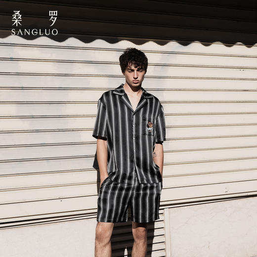 查理小狗』桑罗条纹短袖睡衣套装桑蚕丝男女同款家居服情侣无性别 商品图1