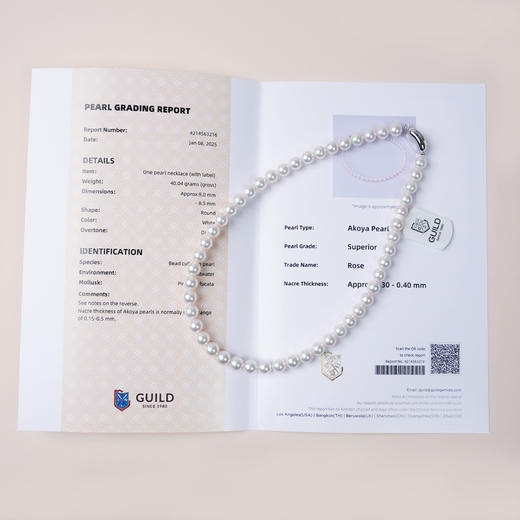 阮仕珍珠 白玫瑰系列S925银日本akoya珍珠项链8-9mm  正圆 微瑕 极强光（吉尔德证书ROSE等级） 商品图3