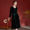 文艺复古V领真丝丝绒连衣裙，妈妈装秋冬长袖中长裙子SM-82497998 商品缩略图1