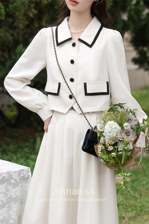 鹿向南原创「巴黎夜未晚」法式气质米杏色套装女春外套半裙两件套 商品图5