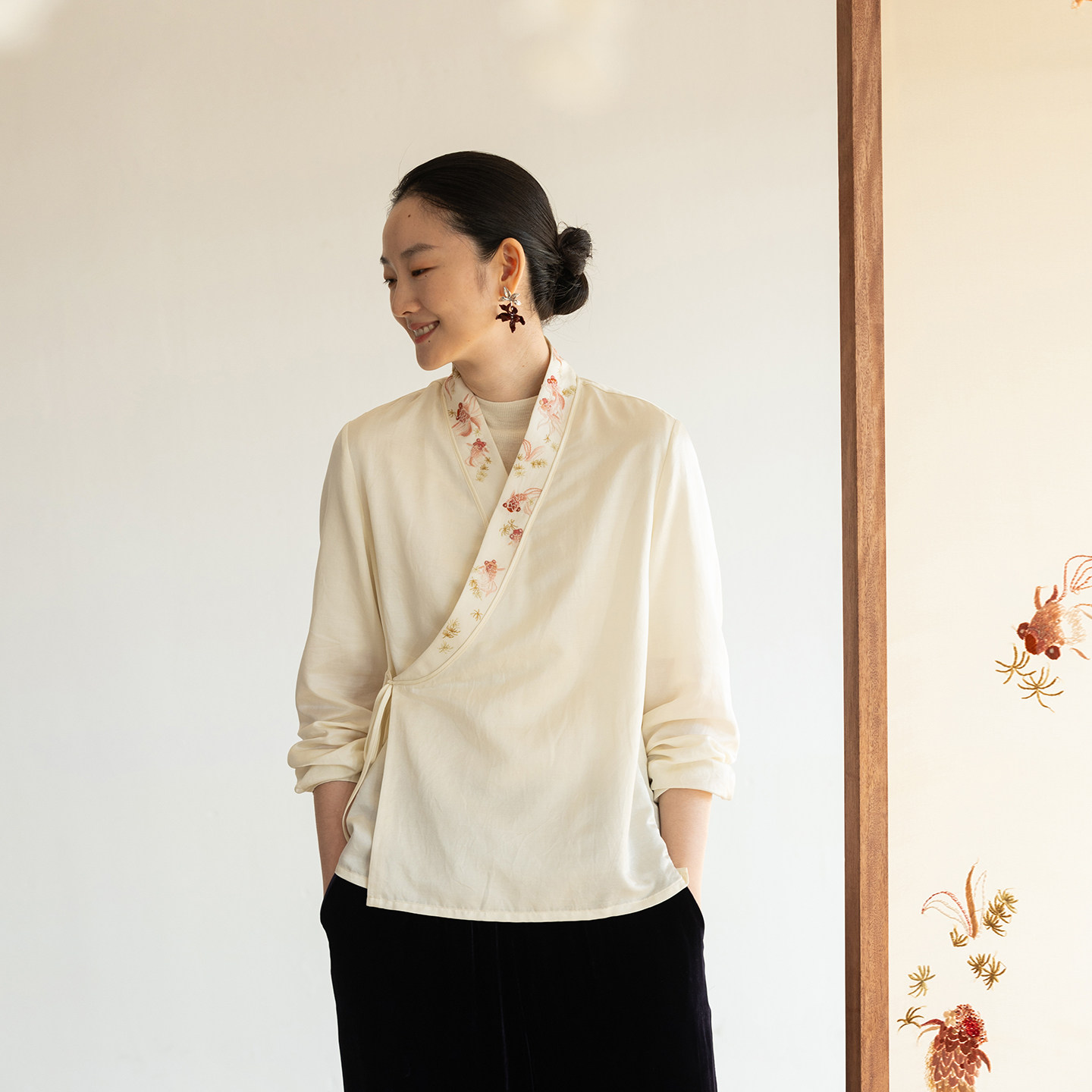 牧衣游原创 16姆米丝棉机绣衬衫斜襟系带禅意古朴文艺开衫 心湖