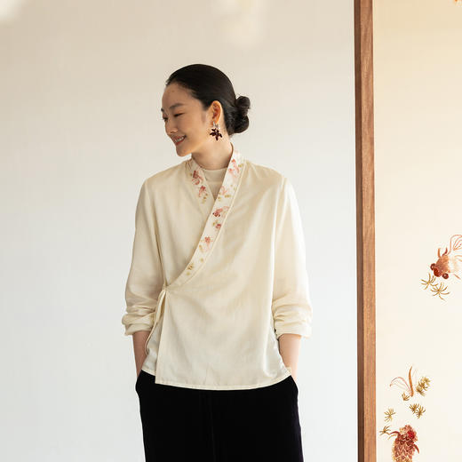 牧衣游原创 16姆米丝棉机绣衬衫斜襟系带禅意古朴文艺开衫 心湖 商品图0