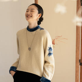 牧衣游原创 刺绣羊毛牛绒混织毛织毛衣柔软舒适拼接套头衫 方野
