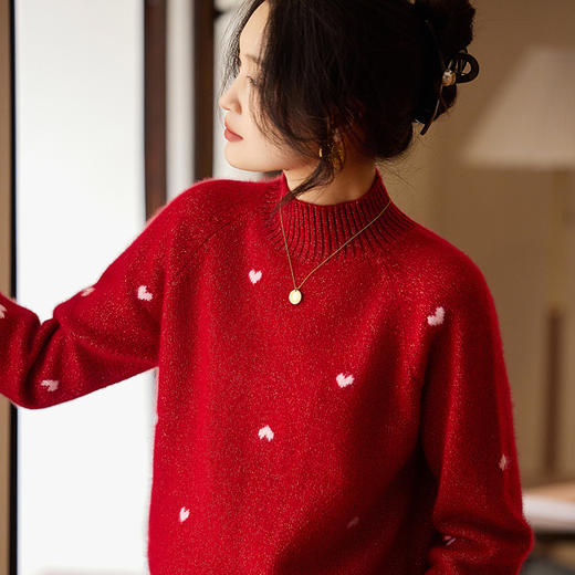 丁摩 100%纯羊毛衫女半高领法式慵懒风闪烁爱心打底针织衫BM-25011 商品图3