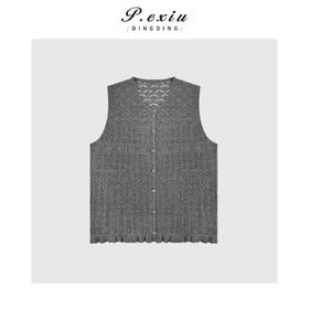 04-1潘依绣丁丁宠粉小众镂空设计V领无袖针织开衫Q7812