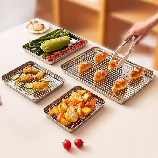 摩登主妇304不锈钢沥油盘滤油网架长方形油炸物备菜盘子托盘蒸盘 商品图0