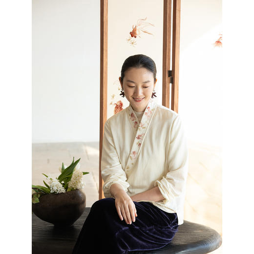 牧衣游原创 16姆米丝棉机绣衬衫斜襟系带禅意古朴文艺开衫 心湖 商品图2