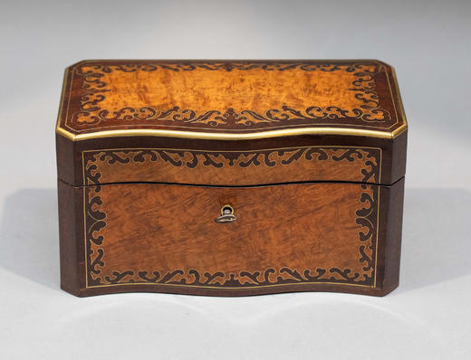 独角鹿西洋古董1850-1870年代法国拿破仑三世时期出品波浪纹饰布勒镶嵌实木茶叶盒 商品图2