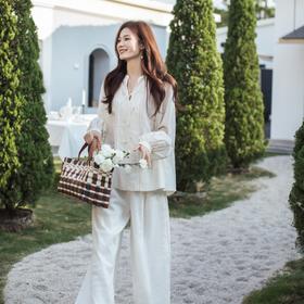 【林栖设计小店】手工钩花|丝棉绡浅杏色钉珠优雅气质2026春新款宽松衬衣1961118