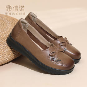 复古风真皮平底妈妈鞋女蝴蝶结浅口单鞋舒适软底奶奶鞋6C8659-7