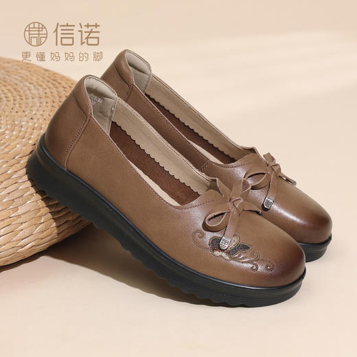 复古风真皮平底妈妈鞋女蝴蝶结浅口单鞋舒适软底奶奶鞋6C8659-7 商品图0