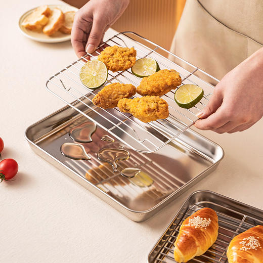 摩登主妇304不锈钢沥油盘滤油网架长方形油炸物备菜盘子托盘蒸盘 商品图4