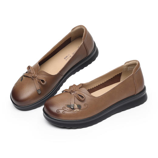 复古风真皮平底妈妈鞋女蝴蝶结浅口单鞋舒适软底奶奶鞋6C8659-7 商品图3