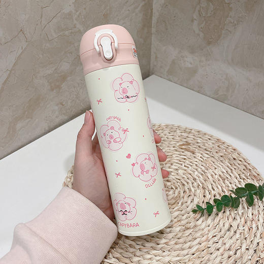 迪乐贝尔卡皮巴拉保温杯锁扣型D9281粉色/咖色480ML 商品图1