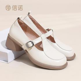 真皮玛丽珍鞋女粗跟一字扣带复古舒适单鞋软底皮鞋6C5255-2