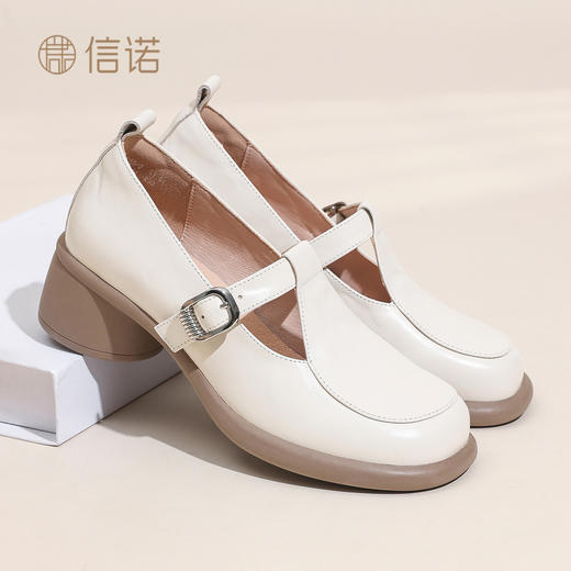 真皮玛丽珍鞋女粗跟一字扣带复古舒适单鞋软底皮鞋6C5255-2 商品图0
