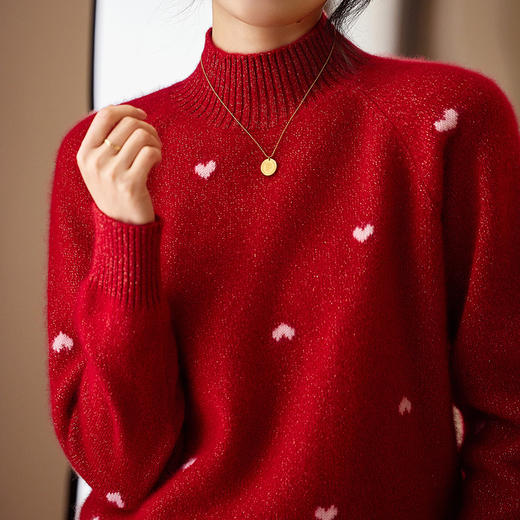 丁摩 100%纯羊毛衫女半高领法式慵懒风闪烁爱心打底针织衫BM-25011 商品图1
