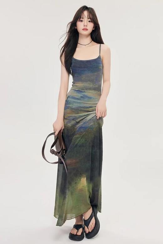 ergei/尔给 度假风情抽象水墨画收腰吊带连衣裙 21670 商品图2