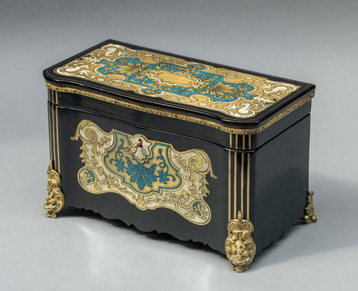 独角鹿西洋古董1850-1870年代法国拿破仑三世时期出品铜鎏金精雕底座装饰古典卷叶纹布勒镶嵌黑漆木雪茄及茶叶盒 商品图4