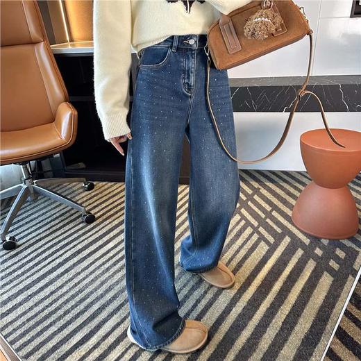 雀说超带派！buling烫钻一体绒直筒牛仔裤女秋冬新款保暖植绒阔腿裤女ALW25120405 商品图0