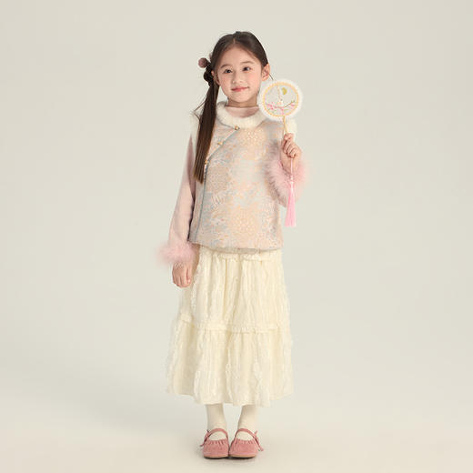 艾摩贝贝女童拜年服  2025冬款儿童新中式提花马甲加绒缎面国风背心套装 商品图1
